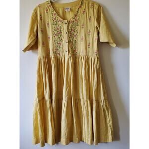 Utsa Kids Girls Yellow Dress 13 14 Y Cotton Embroidered Mid Length Tiered